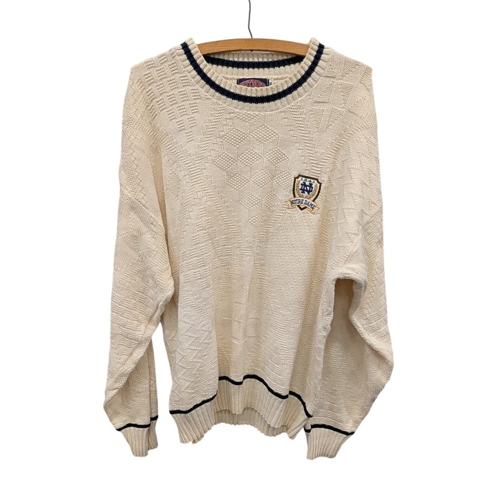 Vintage Notre Dame Sweater Cream Knit Cotton Embroidered Crest Collegiate - M